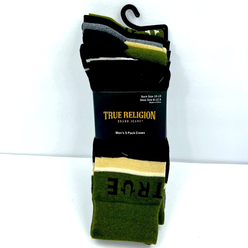 TRUE RELIGION MENS 5 PACK CREWS SOCKS BLACK, GREY, OLIVE GREEN, SHOE SIZE 8-12.5